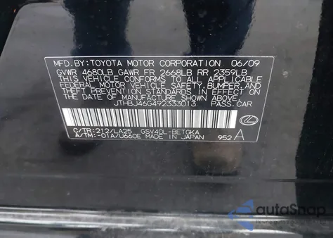 2009 Lexus Es 350 из США, поврежденный, VIN JTHBJ46G492333013